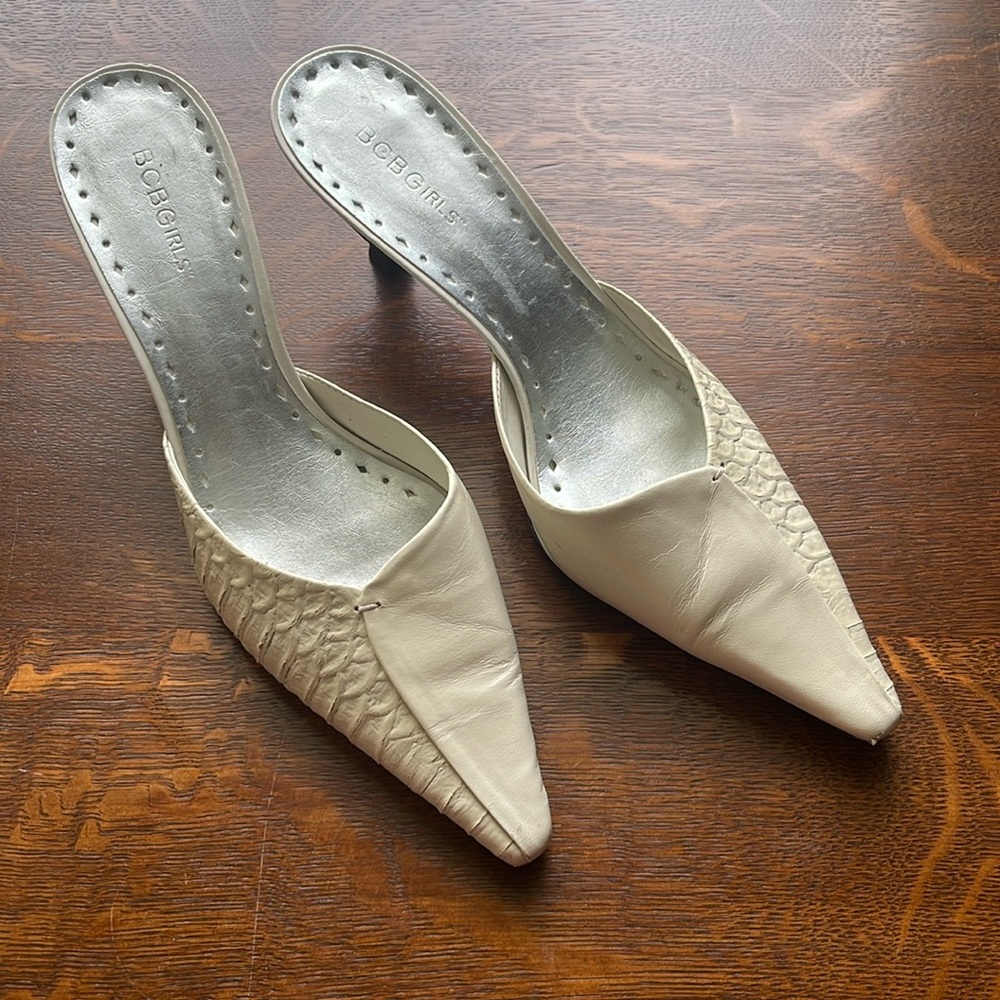 BCBGirls Mule Kitten Heel Ivory Shoes, Size 10